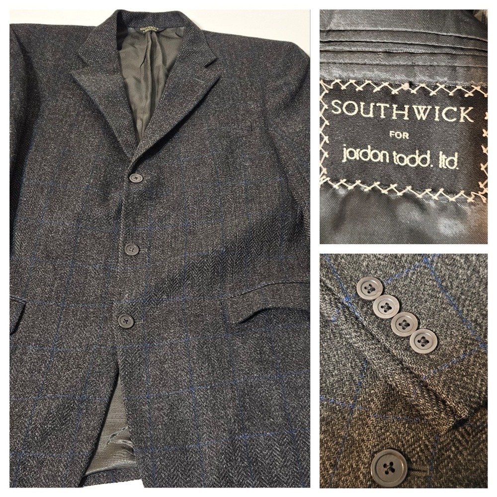 VTG Southwick 46 Wool Brown Blue‎ Pinstripe Tweed Suit Blazer Sport Coat USA